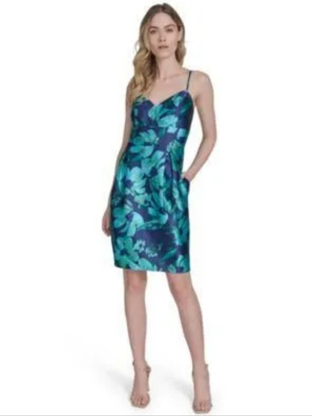 NWT Eliza J Floral Jacquard V-Neck Dress Navy Teal Green Size 2 $158